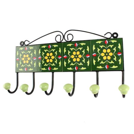 Forest Green Ceramic Floral Tile Hook